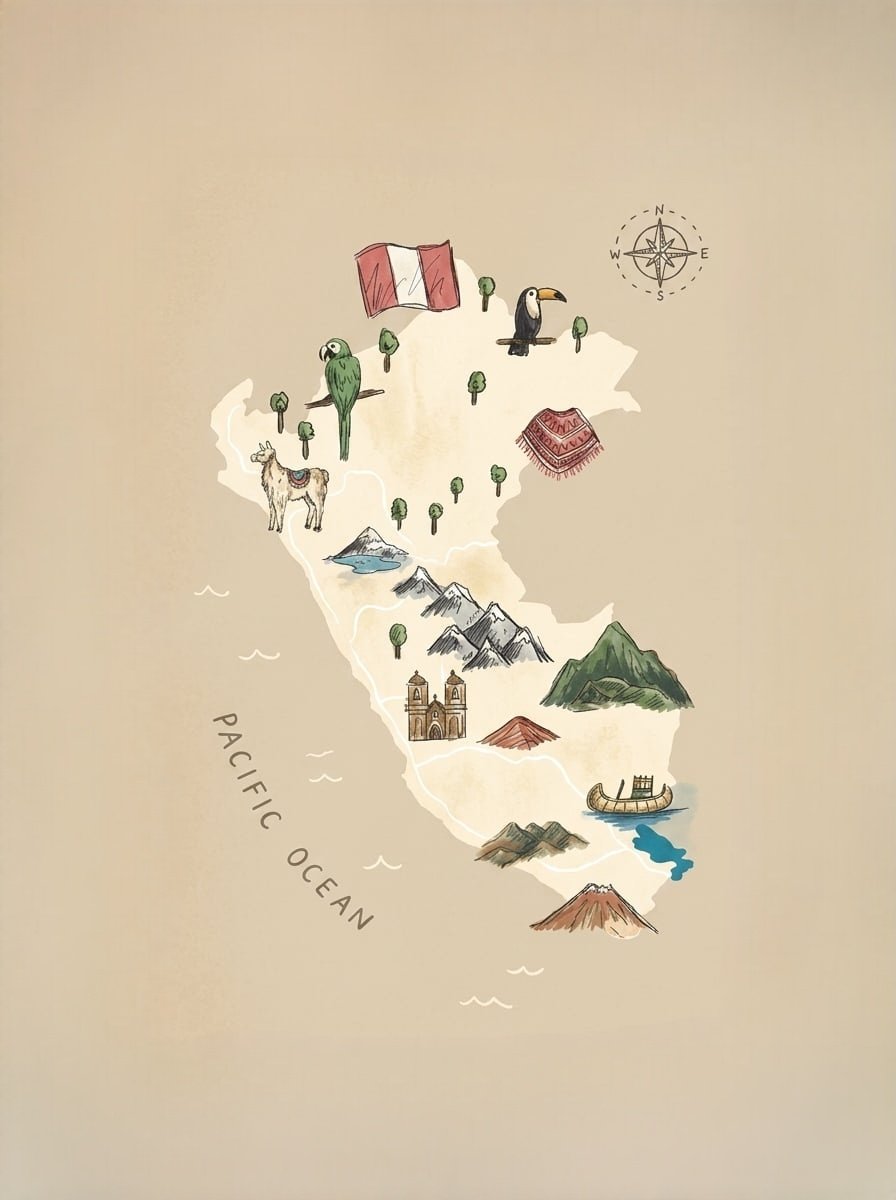 Illustrated map of Peru highlighting Cusco and Lima as destinations